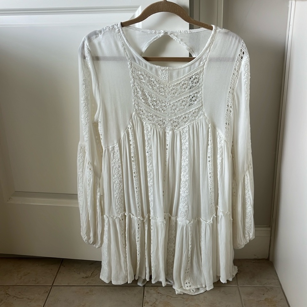Free People White Eyelet Long Sleeve Tunic Blouse